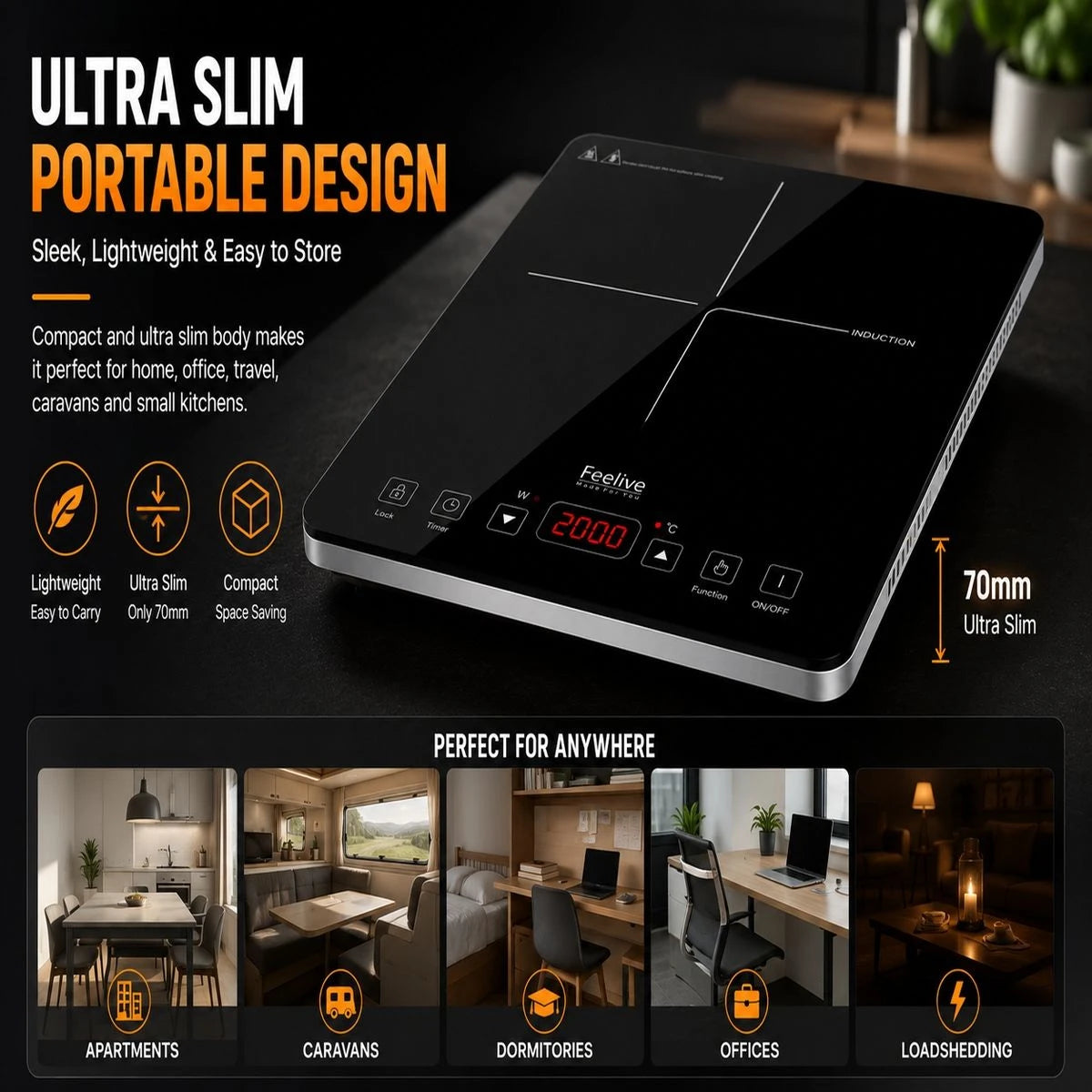 Feelive 2000W SIngle Portable Induction Cooktop Touch Control Black