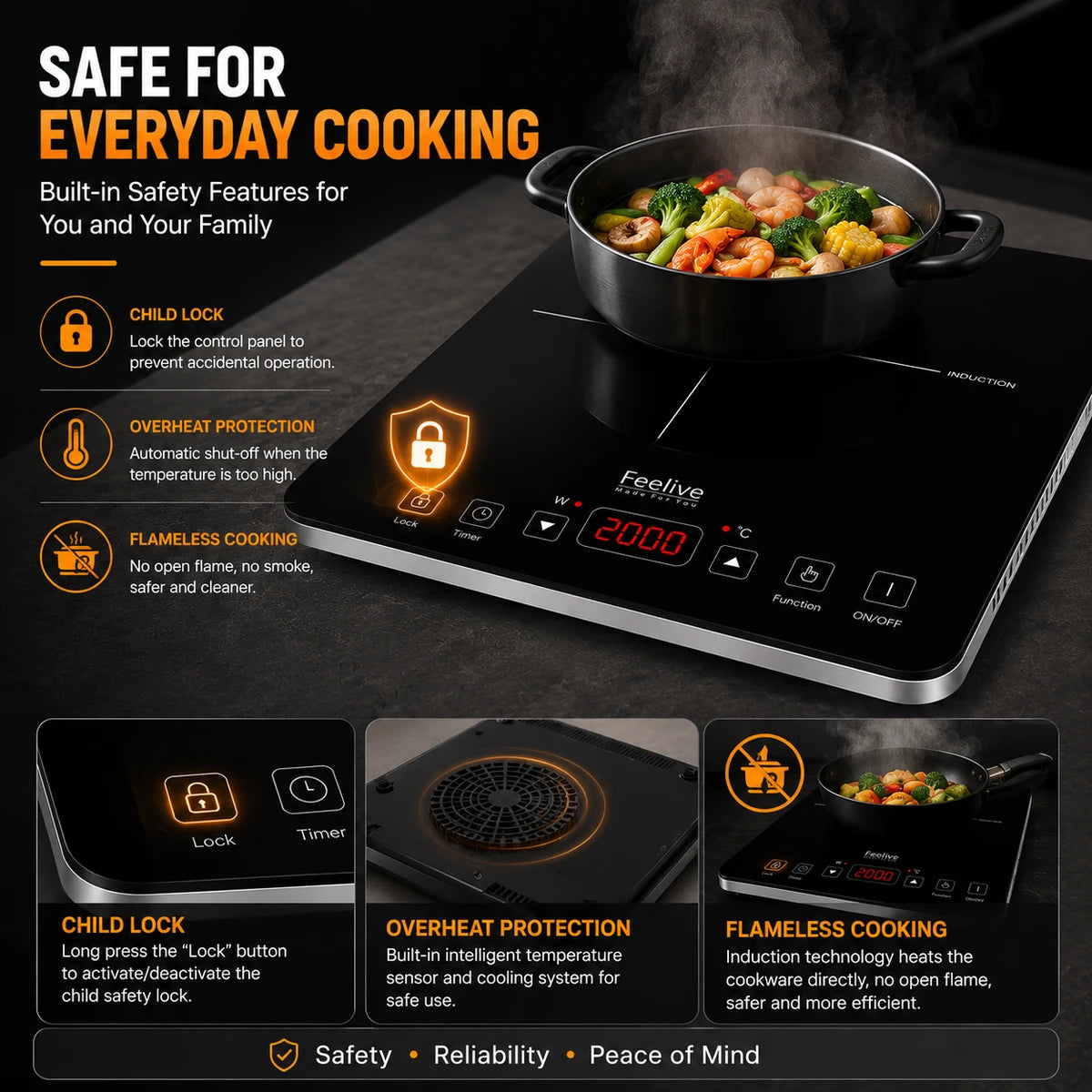 Feelive 2000W SIngle Portable Induction Cooktop Touch Control Black