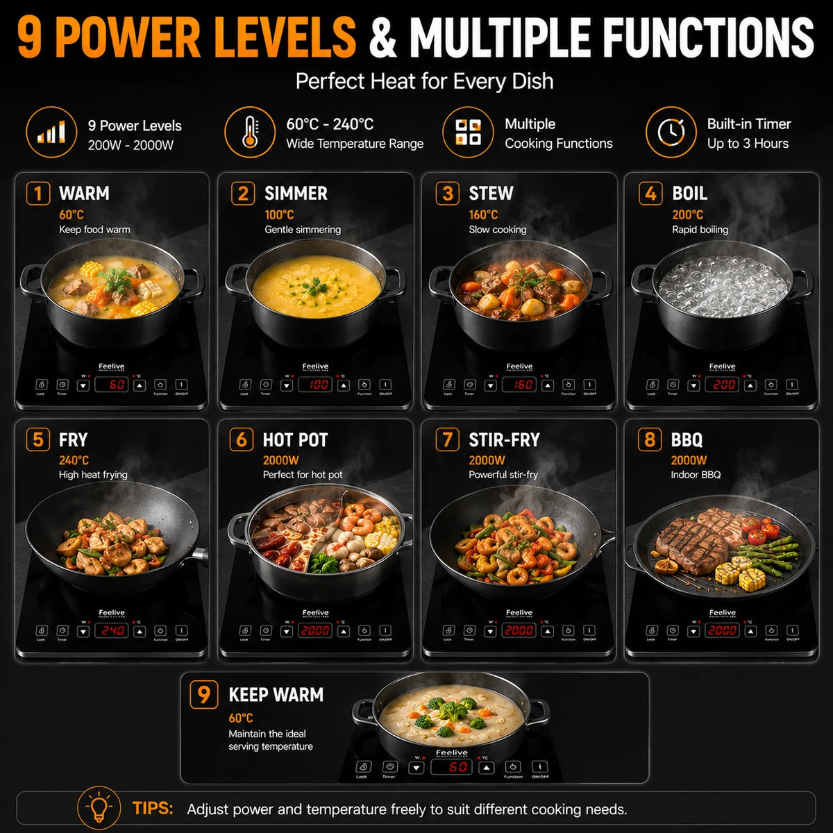 Feelive 2000W SIngle Portable Induction Cooktop Touch Control Black