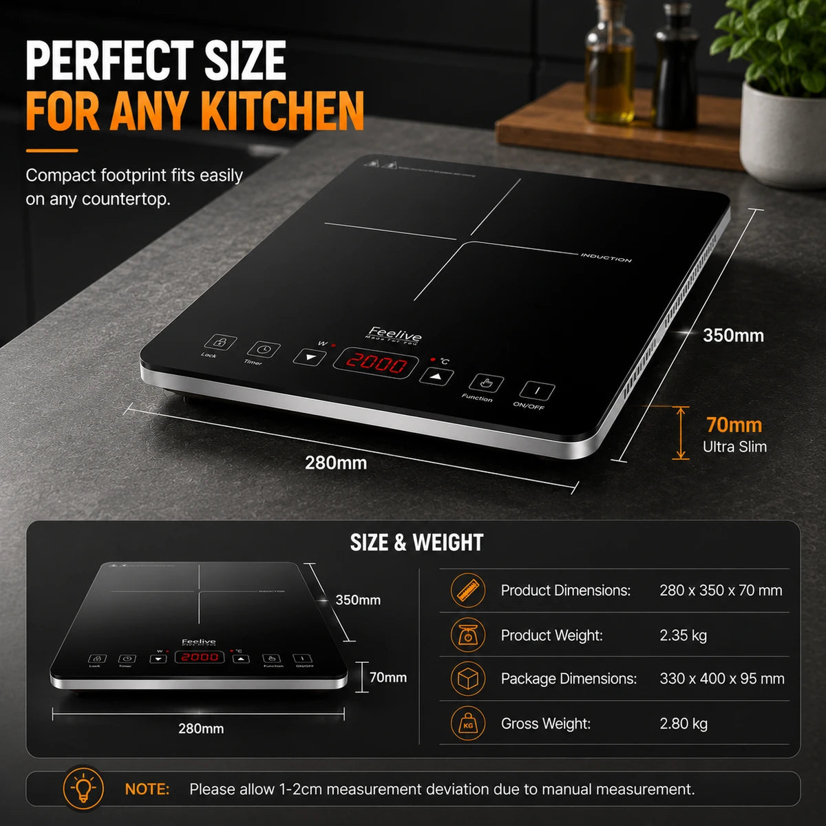 Feelive 2000W SIngle Portable Induction Cooktop Touch Control Black