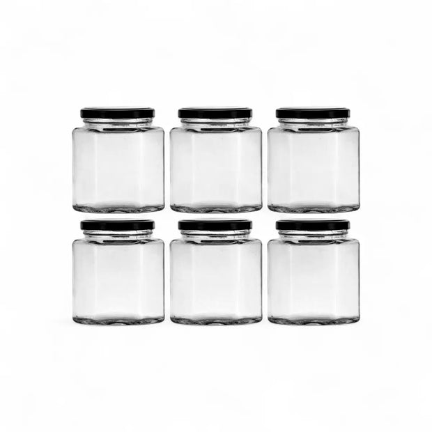 Regent Glass Hexagonal Jar With Black Lid 6 Pack - 380ml