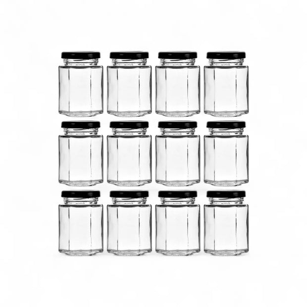 Regent Glass Hexagonal Jar With Black Lid 12 Pack - 130ml