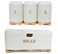 Continental Homeware Grey Bread Bin & 3Pc Canister Rose Gold Lid