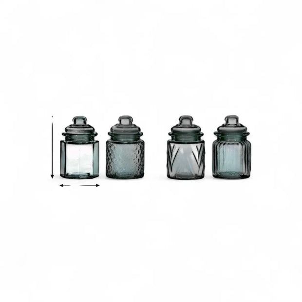 Regent Mini Glass Canisters Assorted Designs 4 Piece Set - 300ml