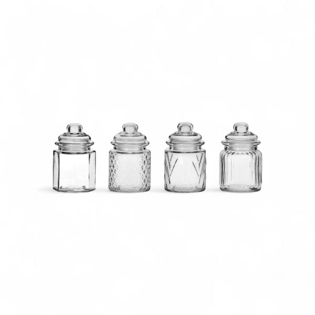 Regent Mini Glass Canisters Assorted Designs 4 Piece Set - 300ml