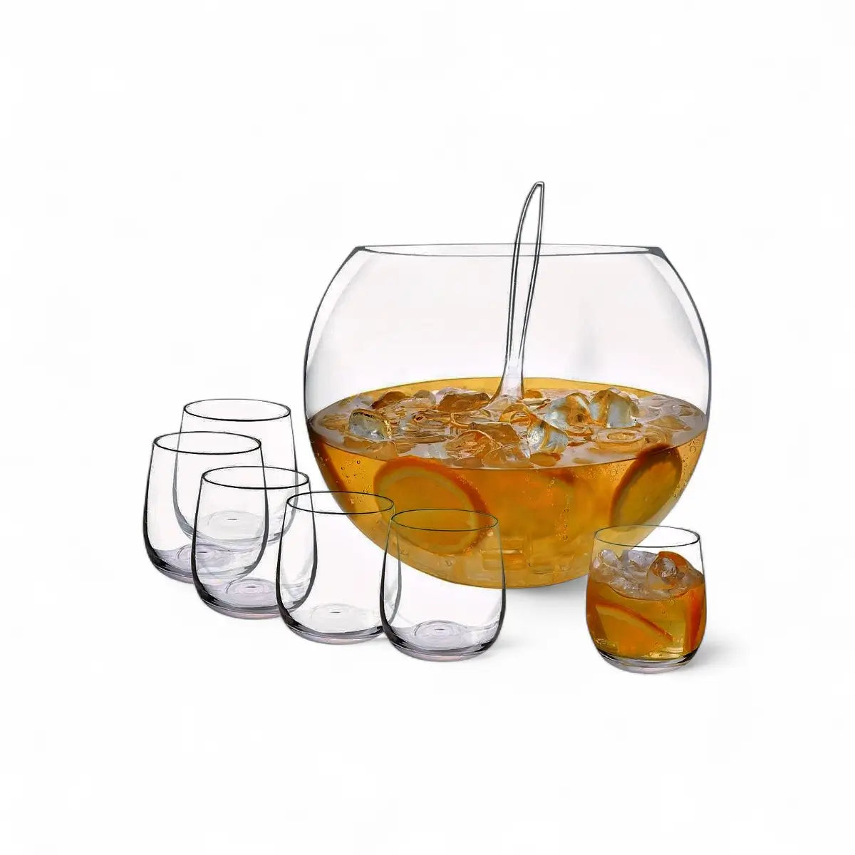 Consol Genoa 11L Glass Punch Bowl, 6 Glasses (340ml) and Plastic Ladle 8 Pce Set - 300x230mm