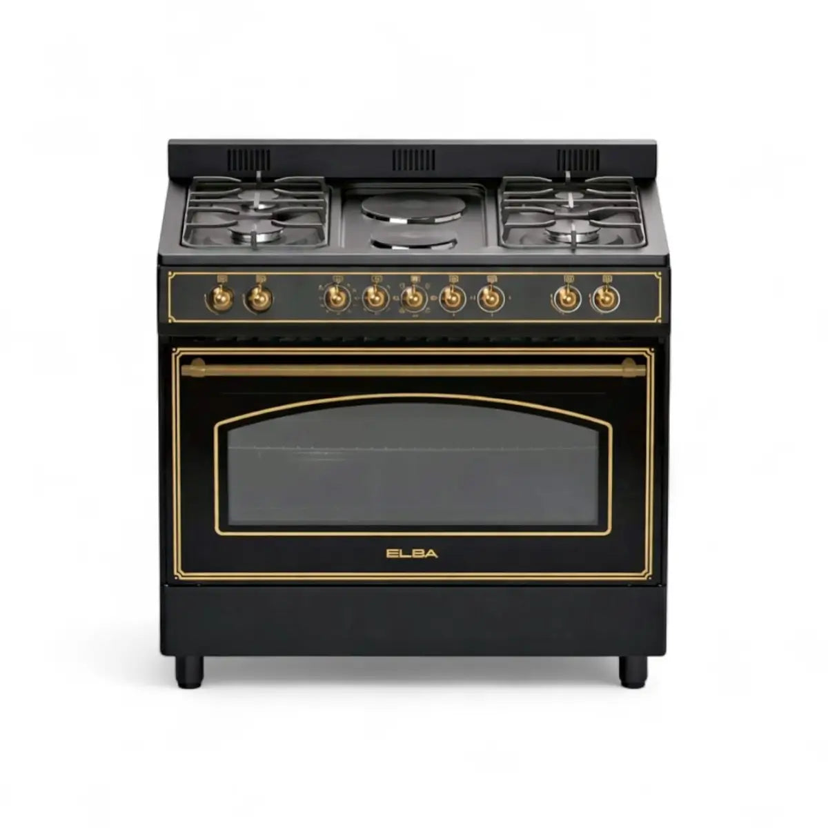 Elba 90cm 4 Gas Burner Stove with 2 Electric Solid Plates & Electric Oven - Black