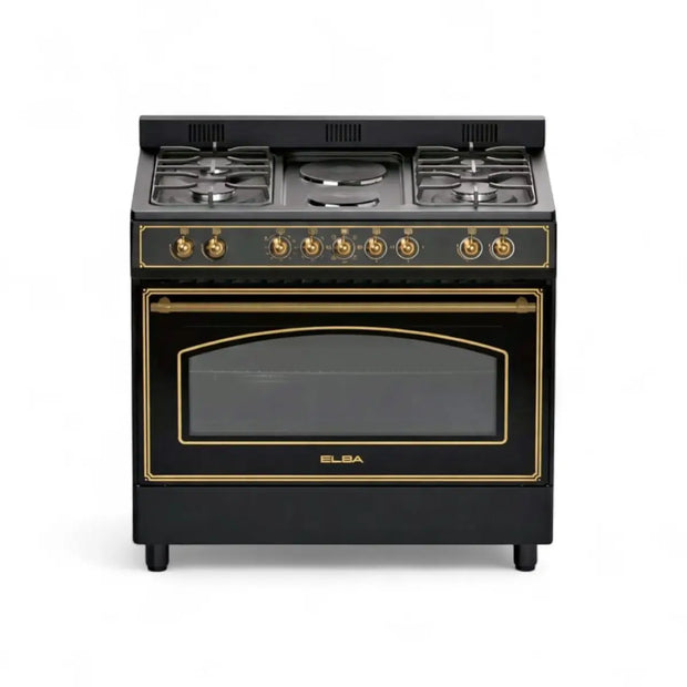Elba 90cm 4 Gas Burner Stove with 2 Electric Solid Plates & Electric Oven - Black