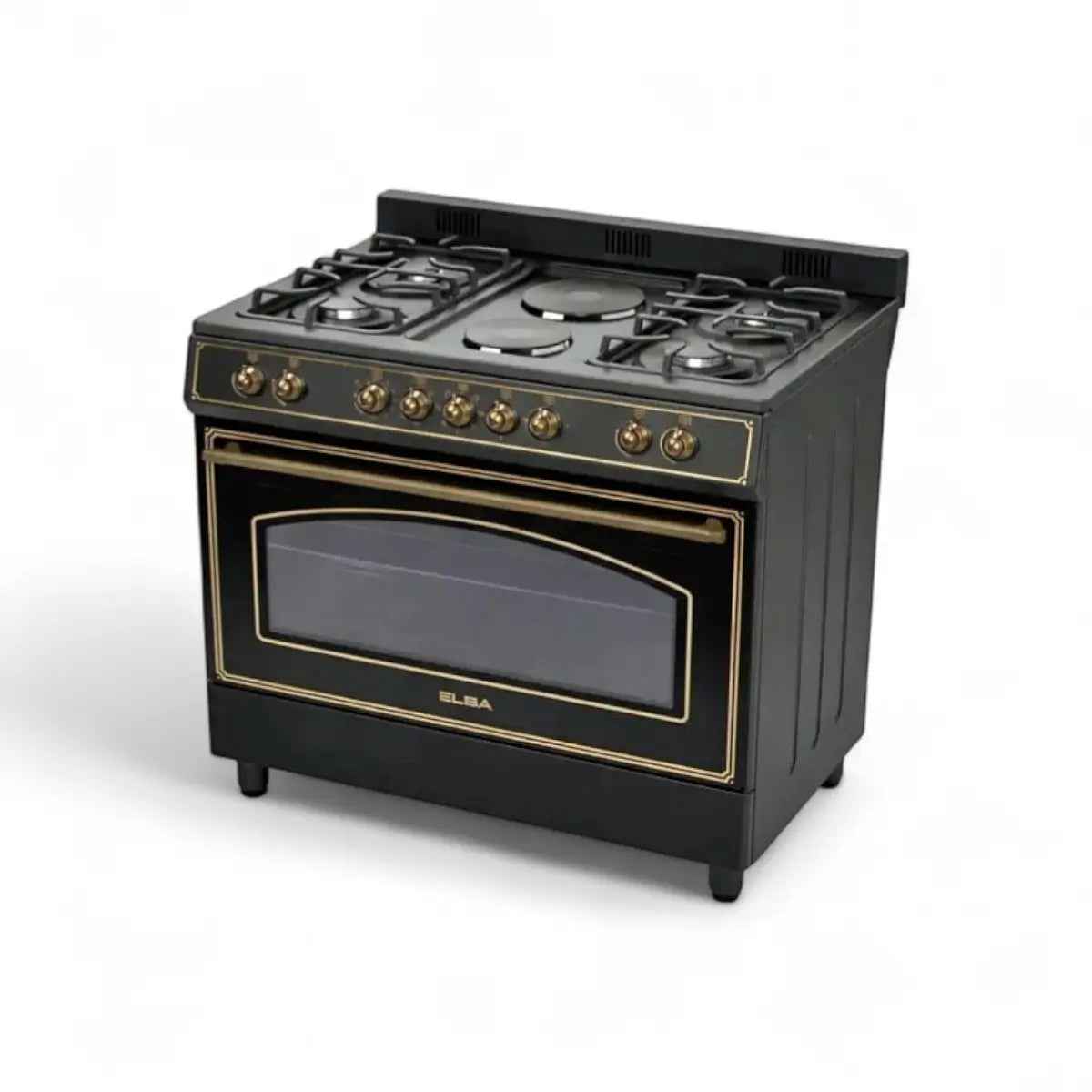Elba 90cm 4 Gas Burner Stove with 2 Electric Solid Plates & Electric Oven - Black