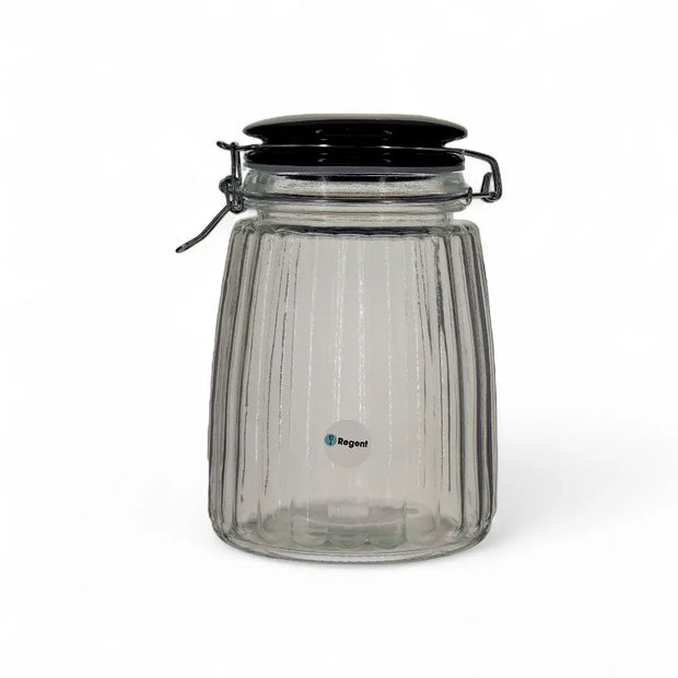 Regent Ribbed Hermetic Glass Canister With Black Ceramic Lid & Metal Clip