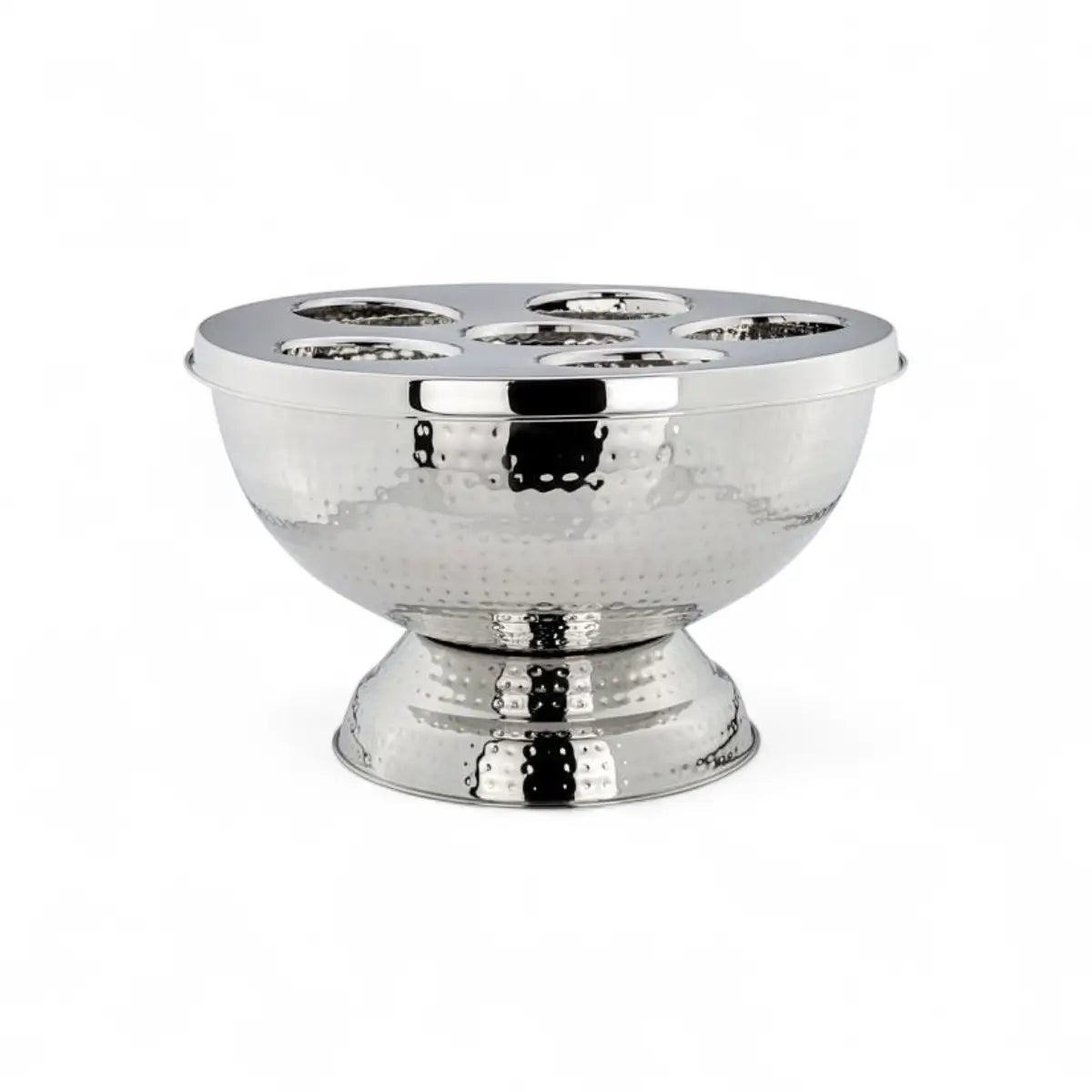 Hammered Stainless Steel Punch Bowl with 6-Bottle Holder Inserts