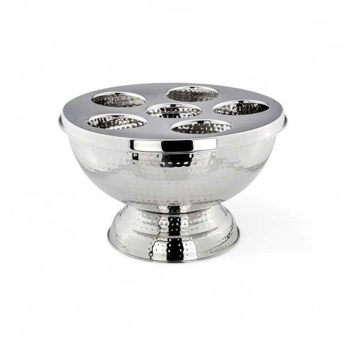 Hammered Stainless Steel Punch Bowl with 6-Bottle Holder Inserts