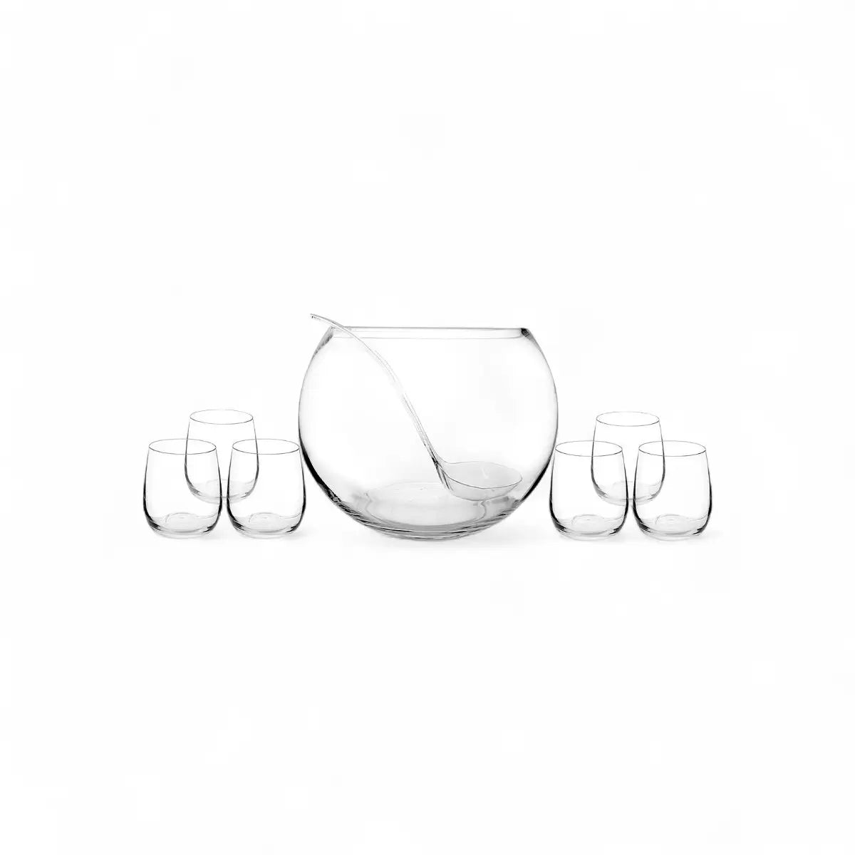 Consol Genoa 11L Glass Punch Bowl, 6 Glasses (340ml) and Plastic Ladle 8 Pce Set - 300x230mm